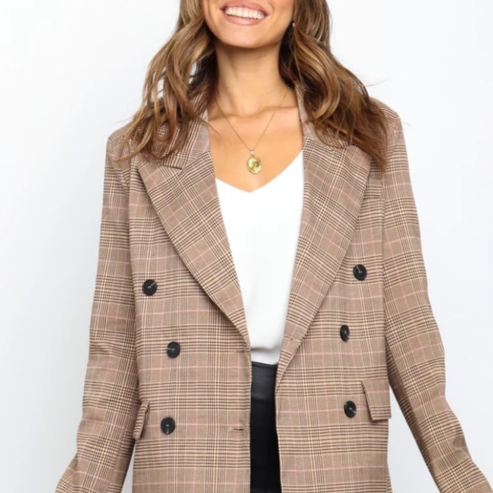 Petal & Pup Taupe Plaid Double-Breasted Blazer